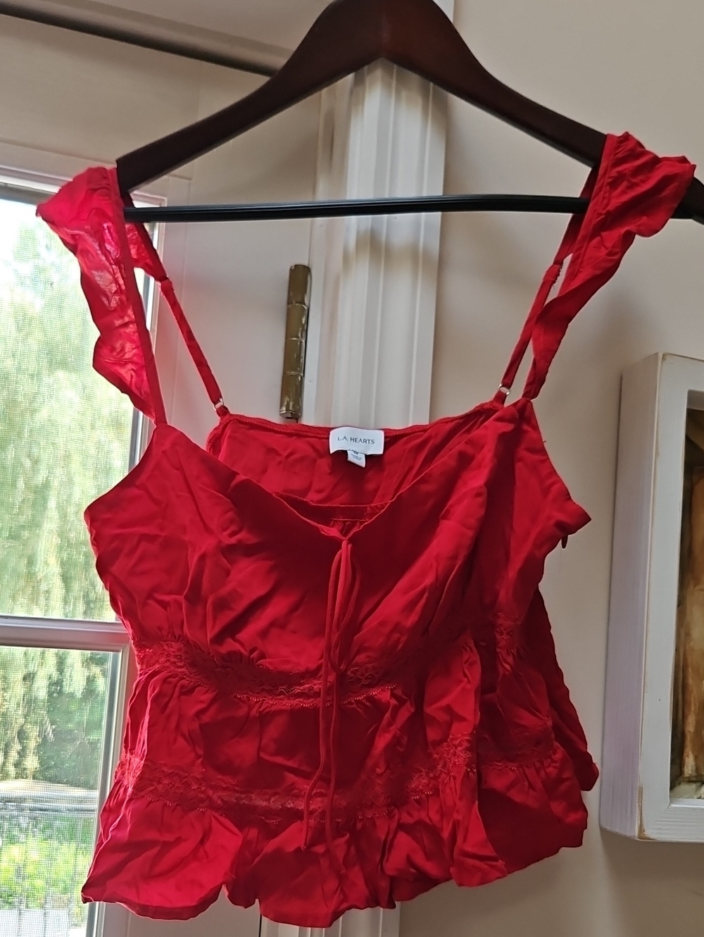 La Hearts Red Ruffle Tie-Front Cami